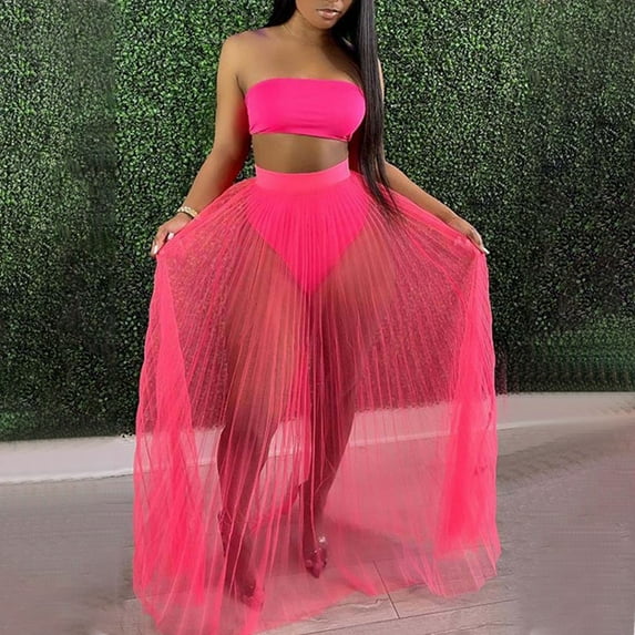 Herrnalise Women's 2 Piece Maxi Dress Summer Mesh See Though Sexy Beach Strapless Tops and Pleated Maxi Skirts Hot Pink
