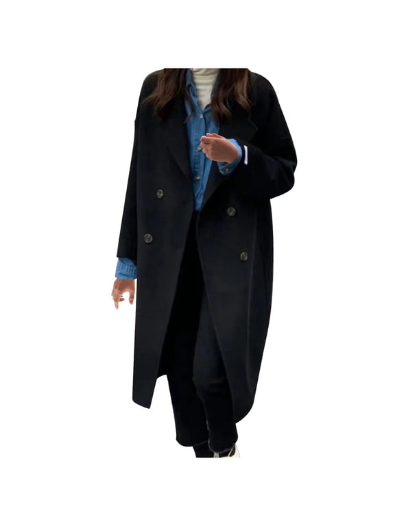 Women's 2024 Fall Fashion Overcoat Faux Suede Shacket Jacket Lapel Belted Long Trench Coats Black,M
