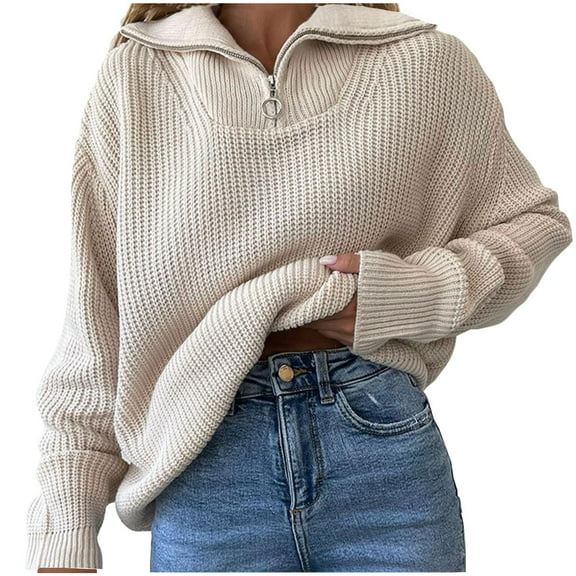 Herrnalise Women's 2024 Fall Lapel Collar V Neck Long Sleeve Ribbed Knit Comfy Loose Casual Pullover Sweater Jumper Top Beige,M