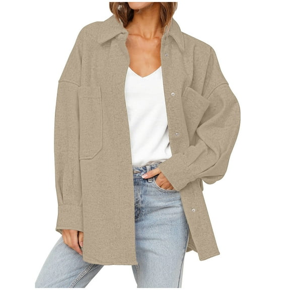 Herrnalise Women's 2024 Fall Oversized Long Sleeve Shacket Jacket Button Down Wool Blend Coats with Pockets Beige,S