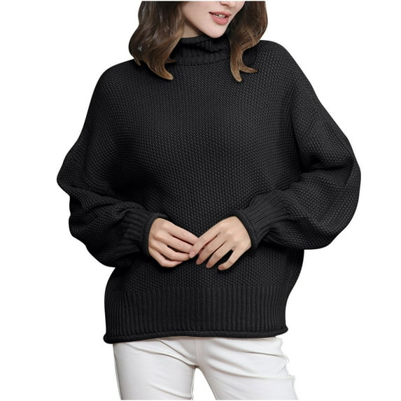 Herrnalise Women's 2024 Turtleneck Batwing Sleeve Loose Oversized Knitted Pullover Sweater Jumper Tops Black,XL
