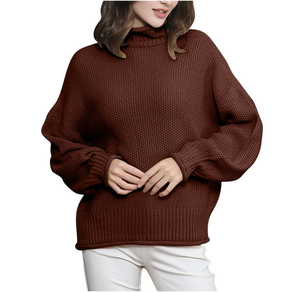 Herrnalise Women's 2024 Turtleneck Batwing Sleeve Loose Oversized Knitted Pullover Sweater Jumper Tops Brown,M