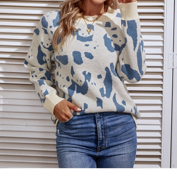 Herrnalise Women's 2024 Winter Pullover Sweater Casual Long Sleeve Crewneck Loose Knit Jumper Tops Blouse Animals Prints Sweaters Blue,XL