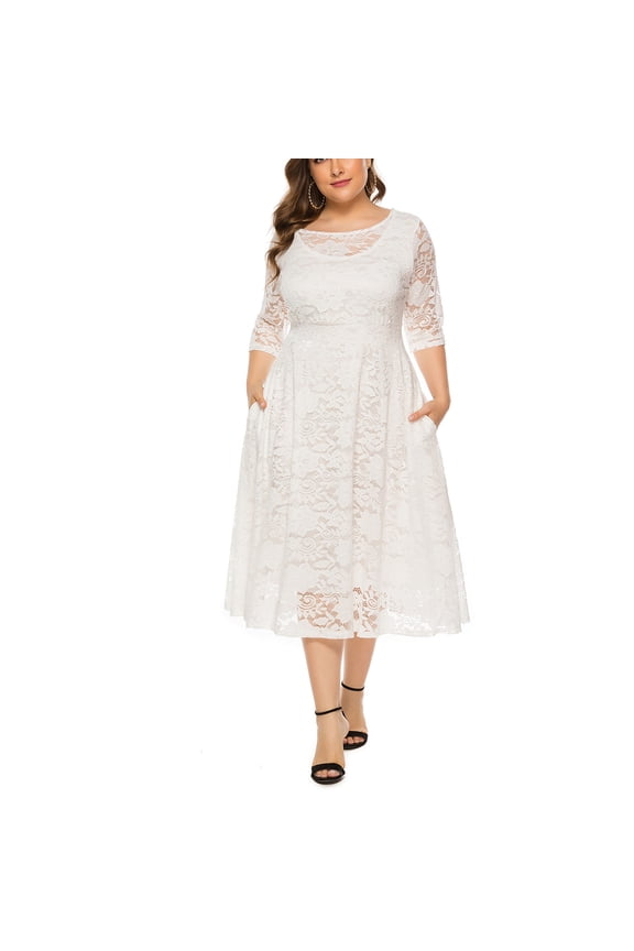 Women's Basic Versatile Stretchy Flared Casual Mini Skater Skirt Women's Fashion Large Size Hollow Lace Pocket Dress Evening Dress Long Skirt