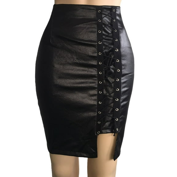 Herrnalise Women's Basic Versatile Stretchy Flared Casual Mini Skater Skirt Women Ladies High Waist And Knee Skirt Bandage Split Sexy Hip Leather Skirt