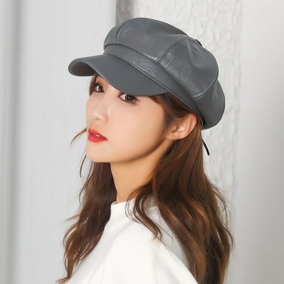 Herrnalise Women's Beret Leather Solid Color Versatile Painter Hat Spring Octagonal Hat