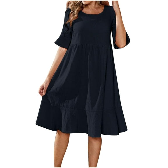 Herrnalise Women's Big Swing Mid-Length Solid Color Loose Casual PleatedRound Neck Flared Short Sleeve Cotton Linen Dresses S-2XL