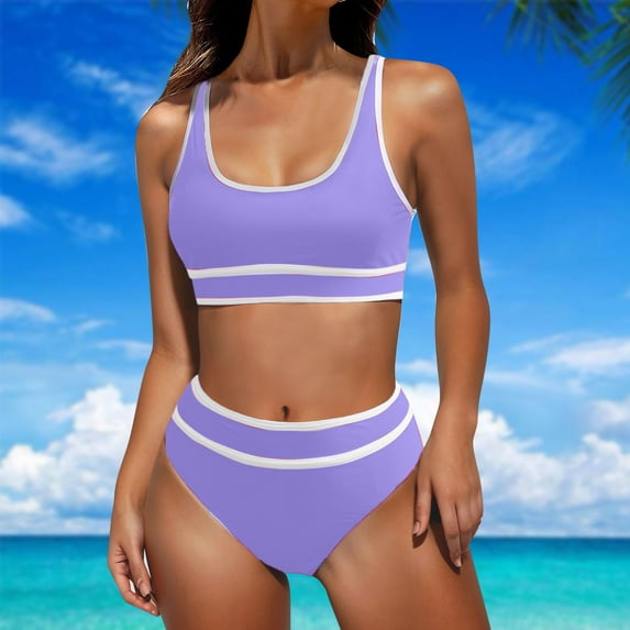 Herrnalise Women's Bikini Sets Colorblock High Cut Trim 2 Piece High Waisted Swimsuit Scoop Neck Adjustable Spaghetti Straps Bathing Suit