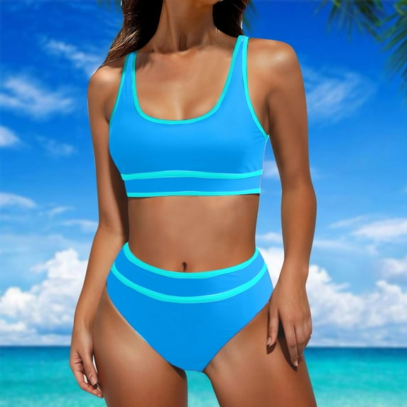 Herrnalise Women's Bikini Sets Colorblock High Cut Trim 2 Piece High Waisted Swimsuit Scoop Neck Adjustable Spaghetti Straps Bathing Suit