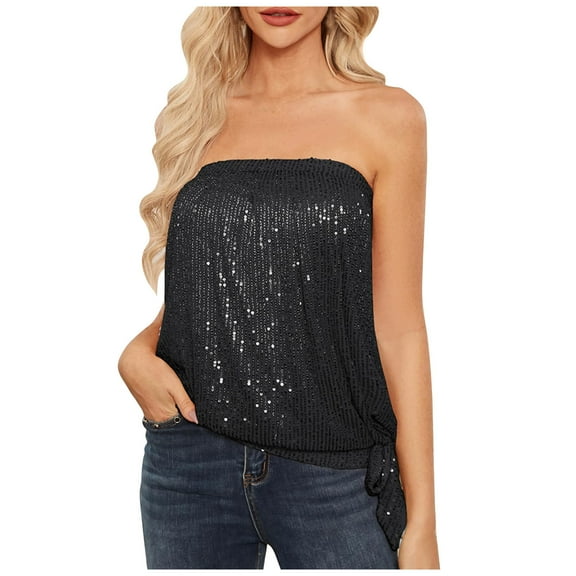 Herrnalise Women's Black Sequin Strapless Tops Sparkly Dressy Tank Tops Party Vest Glitter Sleeveless Shirt With Belt Corset Top for Party Club Black