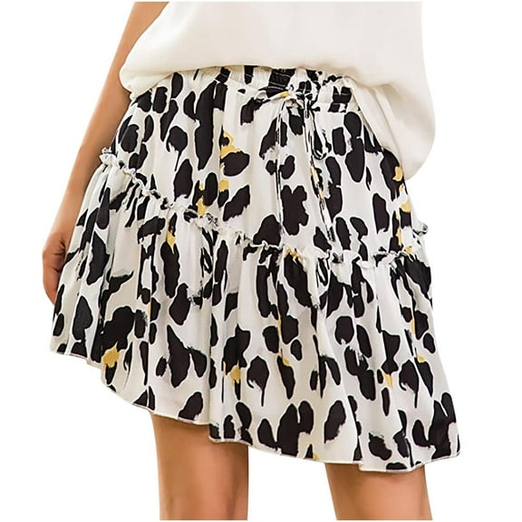 Herrnalise Women's Boho Leopard Print Skirt Fashion Women Printing Casual Bandage Ruched Ruffles Elastic Waist Skirts