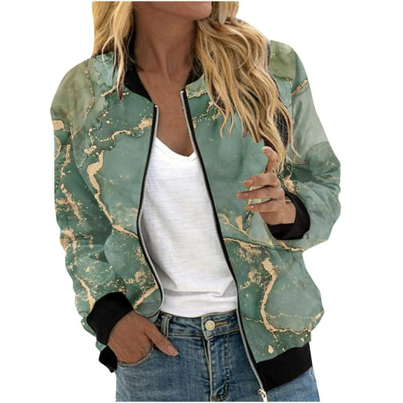 Herrnalise Women's Bomber Jacket Casual Coat Zip Up Outerwear Windbreaker Floral Prints Overcoat With Pockets Army Green,M