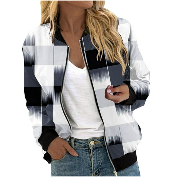 Herrnalise Women's Bomber Jacket Casual Coat Zip Up Outerwear Windbreaker Floral Prints Overcoat With Pockets Black,M