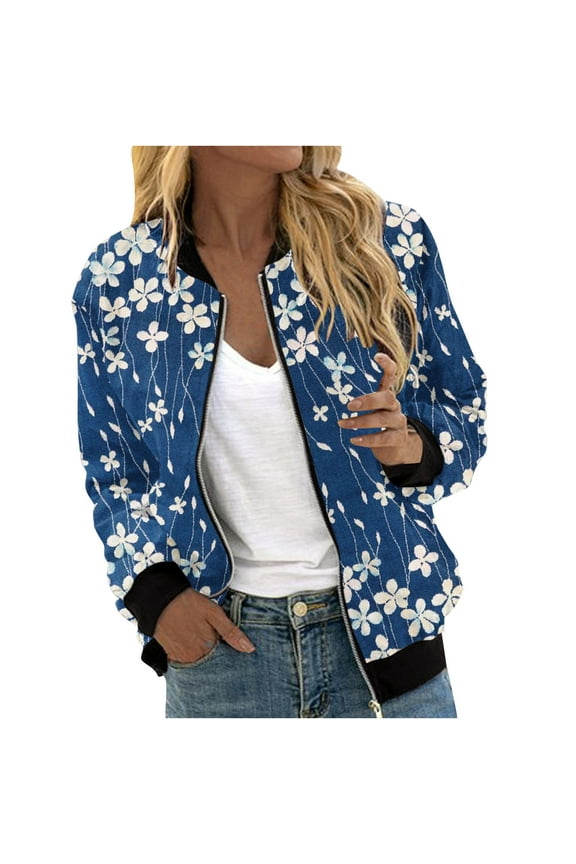 Women's Bomber Jacket Casual Coat Zip Up Outerwear Windbreaker Floral Prints Overcoat With Pockets Blue,M