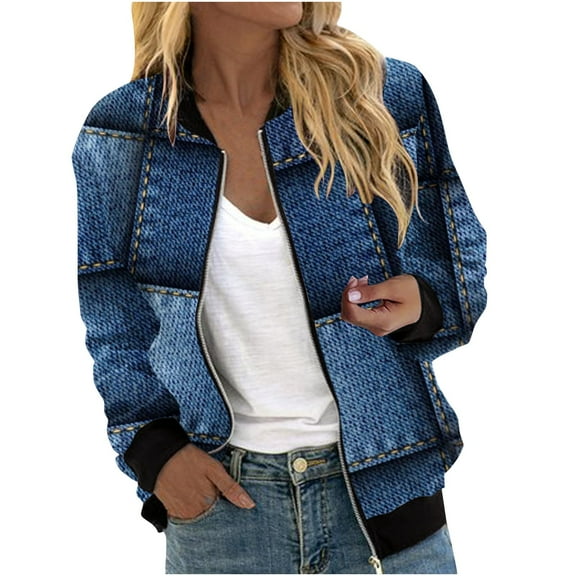 Herrnalise Women's Bomber Jacket Casual Coat Zip Up Outerwear Windbreaker Floral Prints Overcoat With Pockets Blue,S