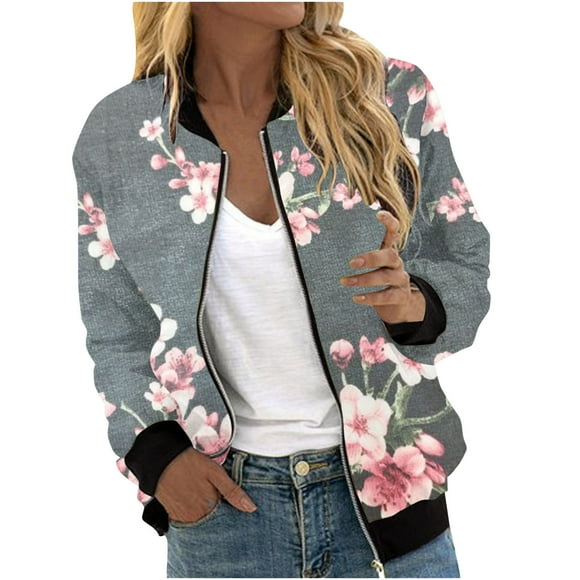Herrnalise Women's Bomber Jacket Casual Coat Zip Up Outerwear Windbreaker Floral Prints Overcoat With Pockets Gray,M