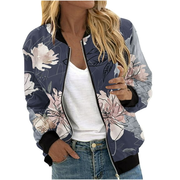 Herrnalise Women's Bomber Jacket Casual Coat Zip Up Outerwear Windbreaker Floral Prints Overcoat With Pockets Gray,M