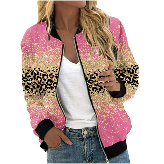 Herrnalise Women's Bomber Jacket Casual Coat Zip Up Outerwear Windbreaker Floral Prints Overcoat With Pockets Hot Pink,S