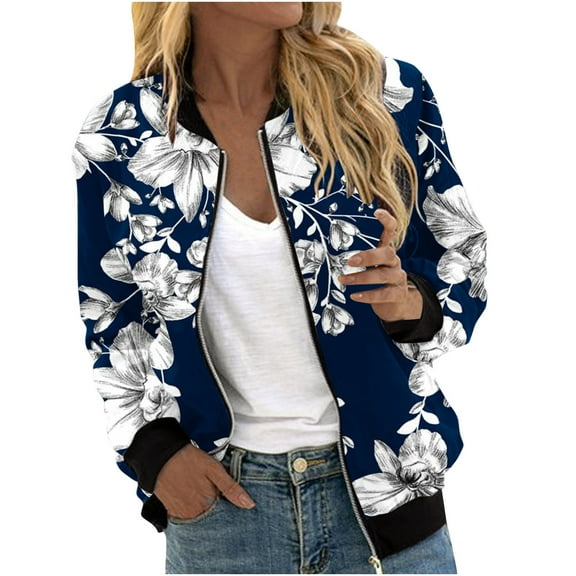 Herrnalise Women's Bomber Jacket Casual Coat Zip Up Outerwear Windbreaker Floral Prints Overcoat With Pockets Navy,S