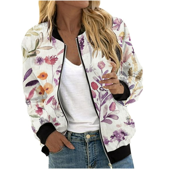 Herrnalise Women's Bomber Jacket Casual Coat Zip Up Outerwear Windbreaker Floral Prints Overcoat With Pockets Purple,S