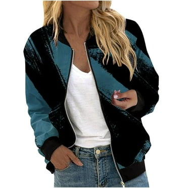 Herrnalise Women's Bomber Jacket Casual Coat Zip Up Outerwear Windbreaker Floral Prints Overcoat With Pockets Sky Blue,M