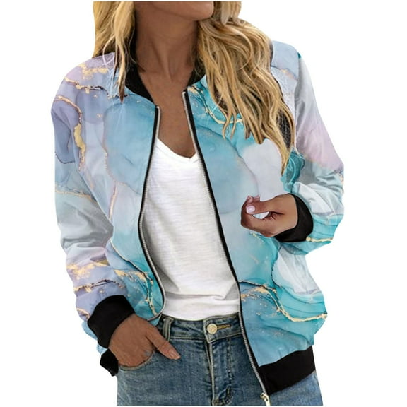 Herrnalise Women's Bomber Jacket Casual Coat Zip Up Outerwear Windbreaker Floral Prints Overcoat With Pockets Sky Blue,S