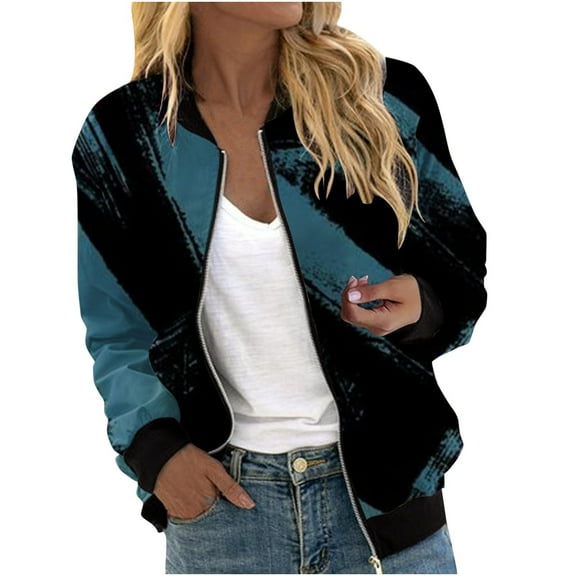 Herrnalise Women's Bomber Jacket Casual Coat Zip Up Outerwear Windbreaker Floral Prints Overcoat With Pockets Sky Blue,S