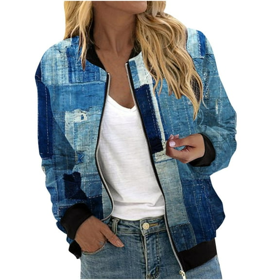 Herrnalise Women's Bomber Jacket Casual Coat Zip Up Outerwear Windbreaker Floral Prints Overcoat With Pockets Sky Blue,XXL