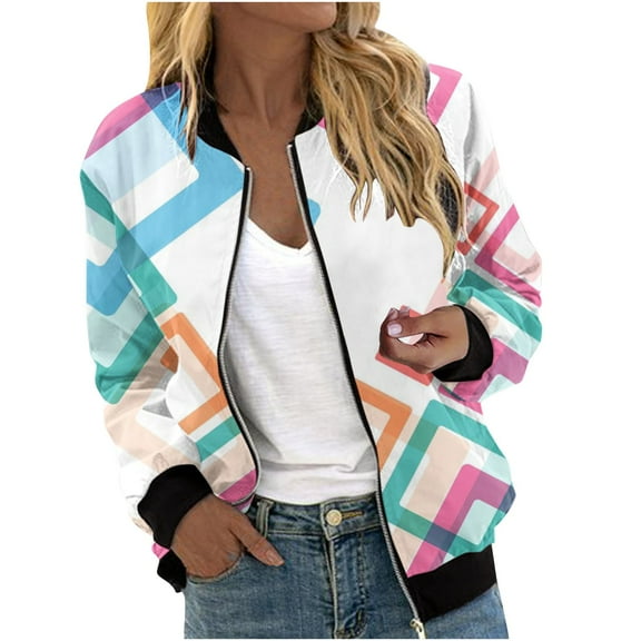Herrnalise Women's Bomber Jacket Casual Coat Zip Up Outerwear Windbreaker Floral Prints Overcoat With Pockets White,M