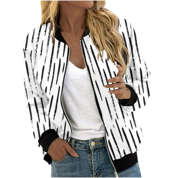 Herrnalise Women's Bomber Jacket Casual Coat Zip Up Outerwear Windbreaker Floral Prints Overcoat With Pockets White,S