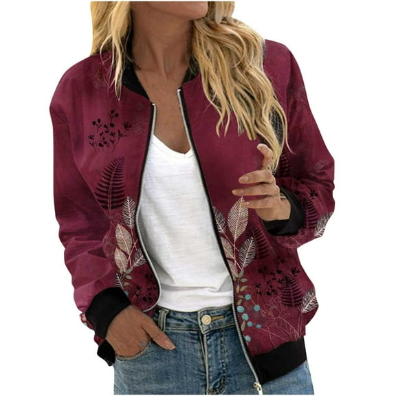 Herrnalise Women's Bomber Jacket Casual Coat Zip Up Outerwear Windbreaker Floral Prints Overcoat With Pockets Wine,S