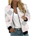thumbnail image 1 of Herrnalise Women's Bomber Jacket Casual Coat Zip Up Outerwear Windbreaker Plaid Overcoat With Pockets Pink,L, 1 of 5