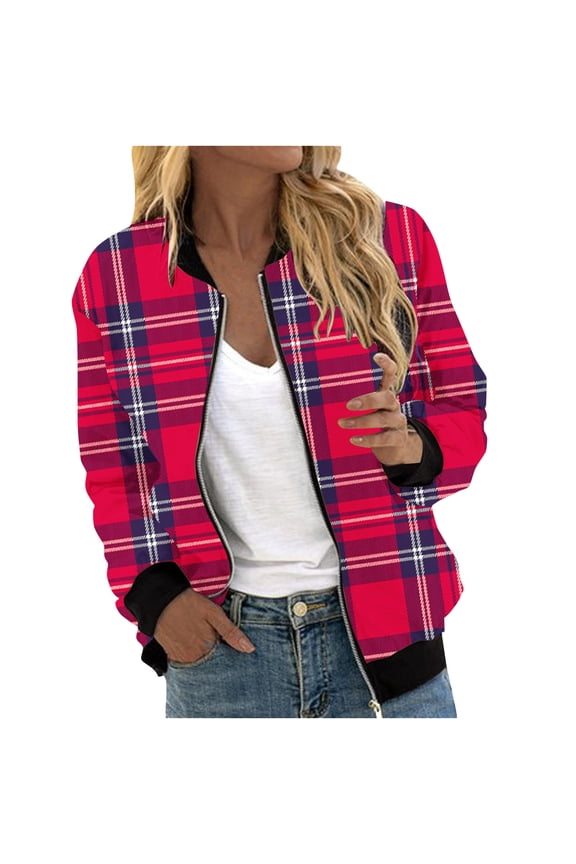Women's Bomber Jacket Casual Coat Zip Up Outerwear Windbreaker Plaid Overcoat With Pockets Red,M