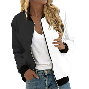 Herrnalise Women's Bomber Jacket Casual Coat Zip Up Outerwear Windbreaker Solid Color Overcoat With Pockets Black,XL