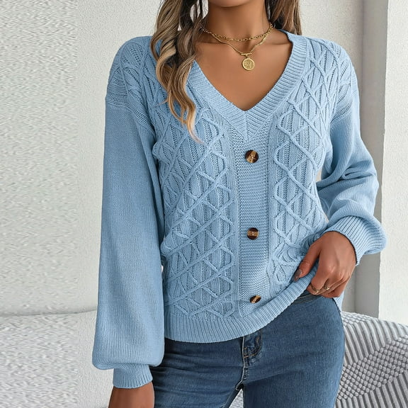 Herrnalise Women's Cable Cropped Sweater Long Sleeve Crewneck Pullover Knit Jumper Top Blue,M