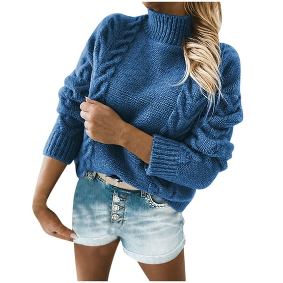 Herrnalise Women's Cable Cropped Sweater Long Sleeve Crewneck Pullover Knit Jumper Top Blue,S