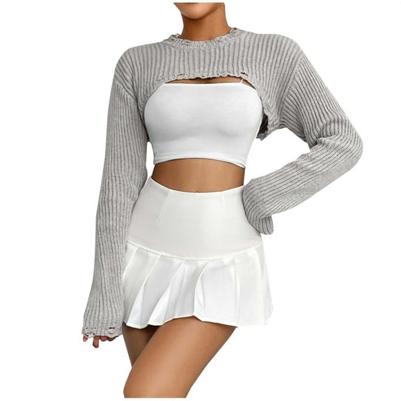 Herrnalise Women's Cable Cropped Sweater Long Sleeve Crewneck Pullover Knit Jumper Top Gray,2XL