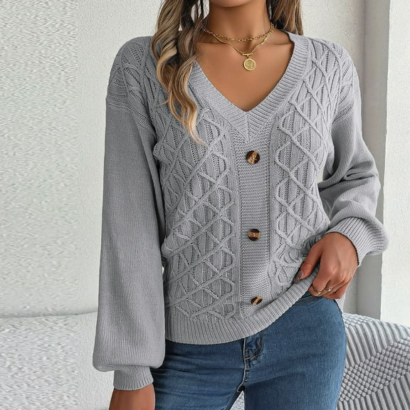 Herrnalise Women's Cable Cropped Sweater Long Sleeve Crewneck Pullover Knit Jumper Top Gray,L