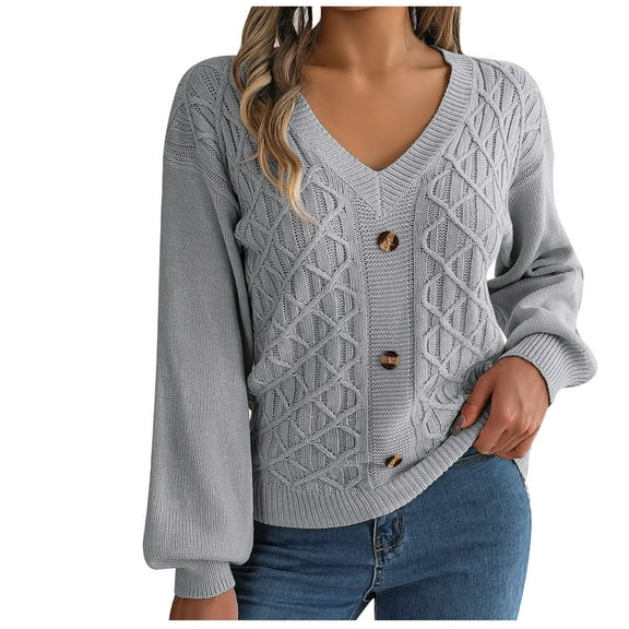 Herrnalise Women's Cable Cropped Sweater Long Sleeve Crewneck Pullover Knit Jumper Top Gray,S