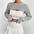 thumbnail image 1 of Herrnalise Women's Cable Cropped Sweater Long Sleeve Crewneck Pullover Knit Jumper Top Gray,XL, 1 of 1