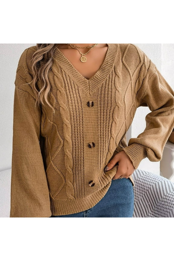 Women's Cable Cropped Sweater Long Sleeve Crewneck Pullover Knit Jumper Top Khaki,S