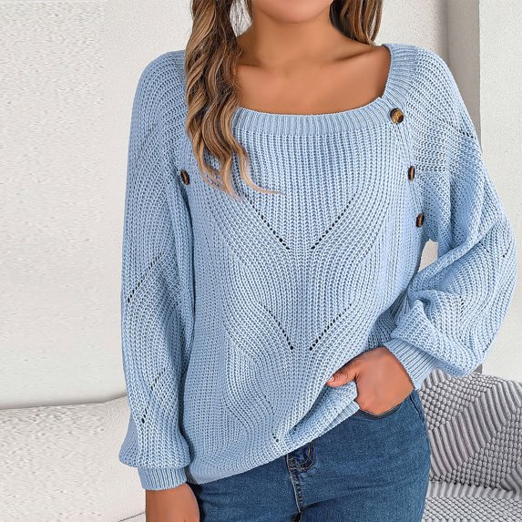 Herrnalise Women's Cable Cropped Sweater Long Sleeve Crewneck Pullover Knit Jumper Top Light Blue,S