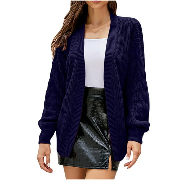 Herrnalise Women's Cable Cropped Sweater Long Sleeve Crewneck Pullover Knit Jumper Top Navy,L