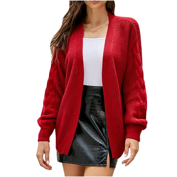 Herrnalise Women's Cable Cropped Sweater Long Sleeve Crewneck Pullover Knit Jumper Top Red,L