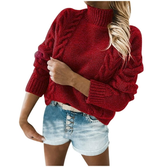 Herrnalise Women's Cable Cropped Sweater Long Sleeve Crewneck Pullover Knit Jumper Top Red,XL