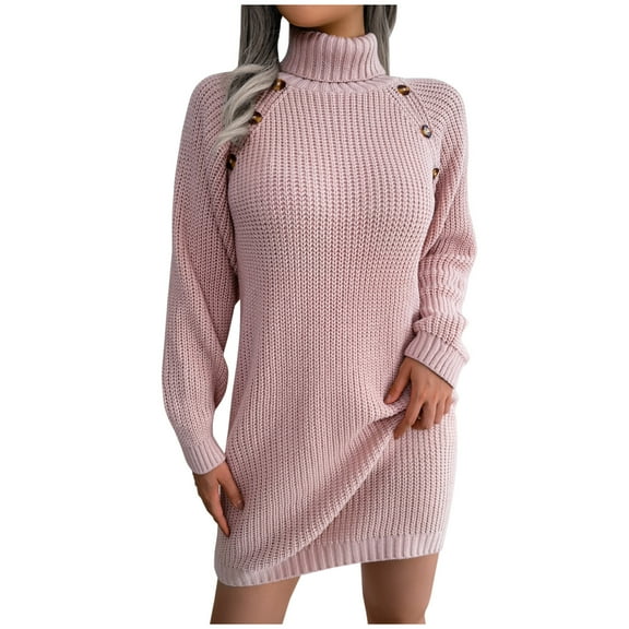 Herrnalise Women's Casual ButtonHigh Neck Long Sleeve Bottom Sweater Dress S-L
