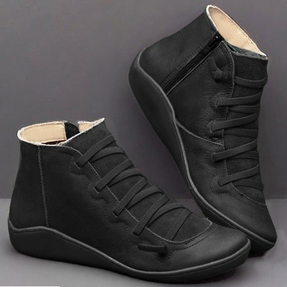 Herrnalise Women's Casual Flat Leather Retro Lace-up Boots Side Zipper Round Toe Shoe Boots Clearance !