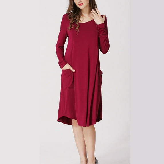 Herrnalise Women’s Casual Solid Color Maternity Dress Long Sleeve Knee Length Pregnancy Clothes for Baby Shower burgundy