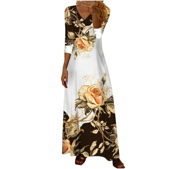 Herrnalise Women's Casual V-Neck Button Mid-Length Sleeve Printed Long Dresses S-4XL