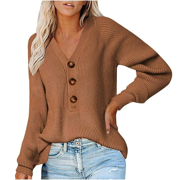 Herrnalise Women's Casual V Neck Sweater Loose Long Sleeve Waffle Ribbed Knit Button Henley Solid Color Pullover Jumper Top S-3XL